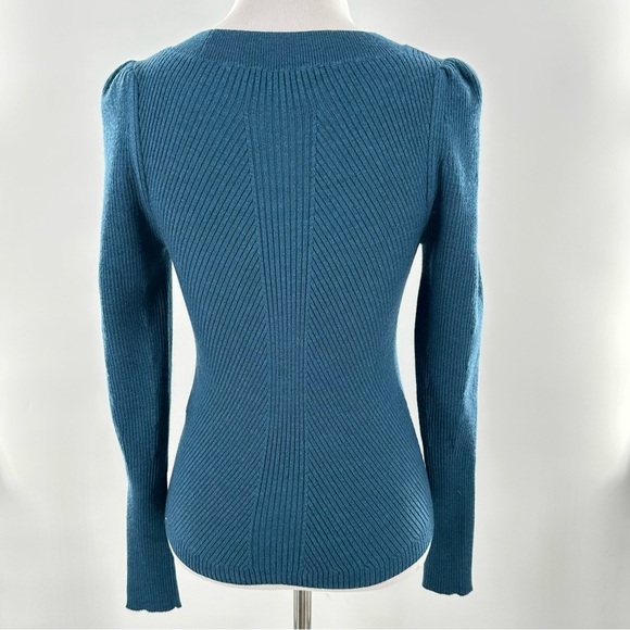 Rebecca Taylor structured sweater size XS blue ribbed 88% wool statement sleeve - Picture 6 of 12